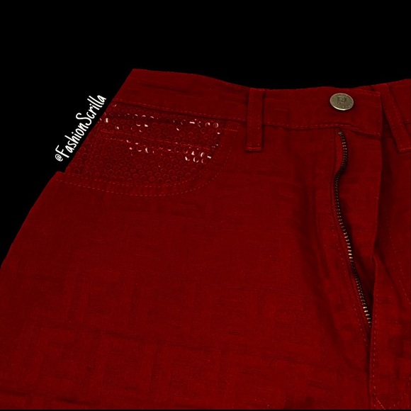Fendi Red Zucca Monogram Logo High Waist Denim Mini Shorts - Picture 12 of 15